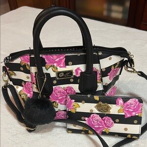 Betsey Johnson Black and White Floral Satchel Set
